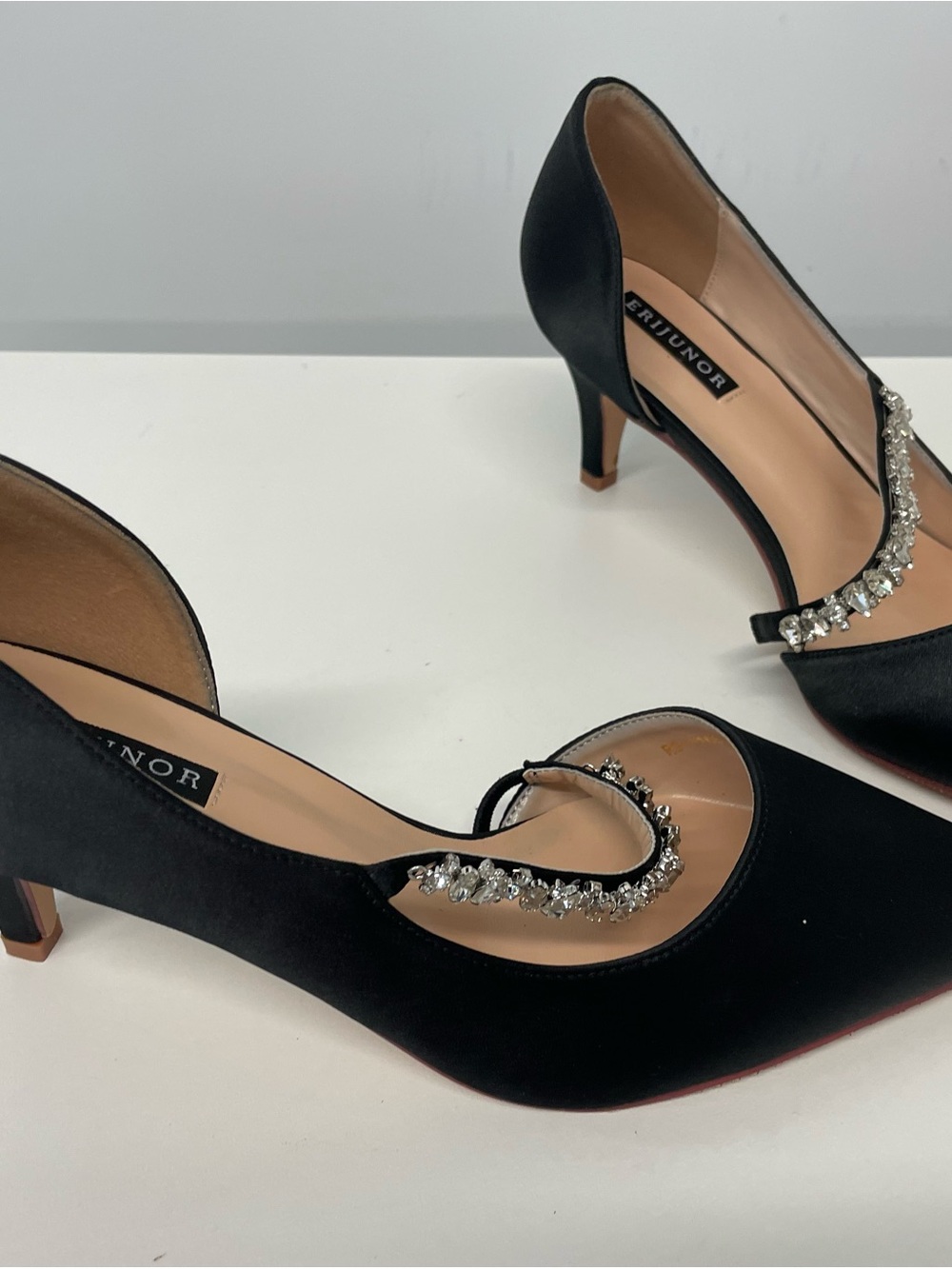 ERIJUNOR Black Pointed Satin Pumps with Crystal Strap - Picture 5 of 9